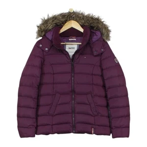 Tommy Hilfiger Down Puffer Jacket Womens Size M Purple Fur Hooded Full Zip - Picture 1 of 14