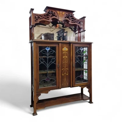 Antique Mahogany Display Cabinet – Arts & Crafts / Art Nouveau – Mirror Back - Image 1 of 4