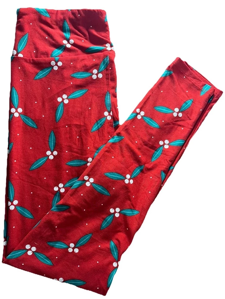 New LuLaRoe DREAM Christmas Holly Berry Mistletoe Red Leggings Size OS (2-10) - Image 1 of 4