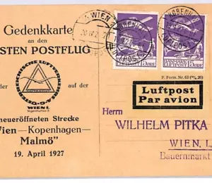 DENMARK Air Mail Card 1927 ÖLAG *FIRST FLIGHT* AUSTRIA Vienna Copenhagen YX133 - Picture 1 of 8
