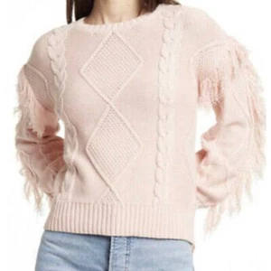 KIKIT NWT Pink Cable Knit Fringe Sleeve Trim Crew Neck Sweater Size L Rib Trim - Picture 1 of 10