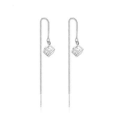 Rodio Su Argento Sterling Tirare Attraverso a Filo 4.5mm Cubo Cz Orecchini - Immagine 1 di 4