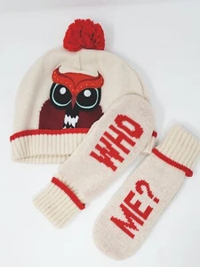 KATE SPADE Pumice OWL "Who Me??" Hat & Mitten Set in Box ~ L/XL (ages 8-12) - Picture 1 of 11