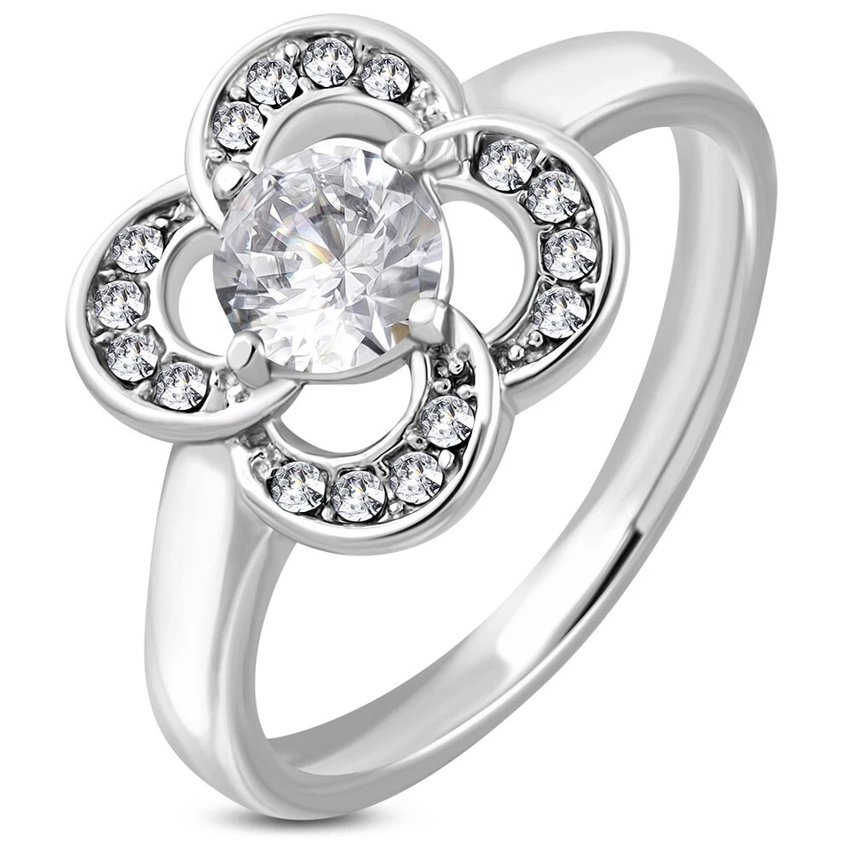 Из нержавеющей стали зубцы комплект цветок обручальное кольцо с прозрачный CZ  - Изображение 1 из 1