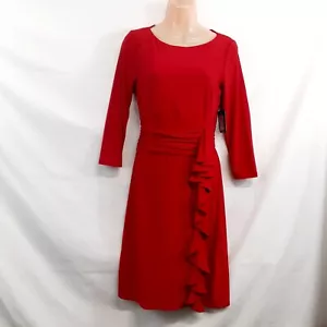 JH Fit & Flare Womens Dress Size 6 Red Ruffled Round Neck 3/4 Sleeve Zip Back - Picture 1 of 13