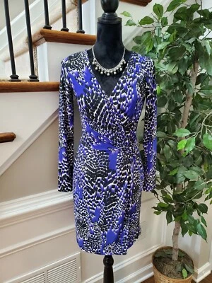 Nine West Women's Black & Blue Polyester V-Neck Long Sleeve Knee Length Dress 2 - Image 1 of 4