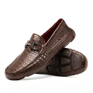 NUEVO Zapato de Vestir Marco Milano Mocasín Cuero de Cocodrilo Real Parma Marrón - Imagen 1 de 5