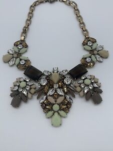 J. CREW Gold-Tone Clear Brown Taupe & Green Crystal Flower Clusters Necklace 19"