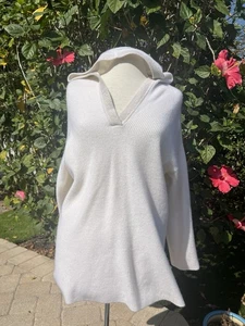 Tommy Bahama Ivory 100% CASHMERE Hoodie Tunic Sweater Super Soft Gold Metallic - Picture 1 of 6