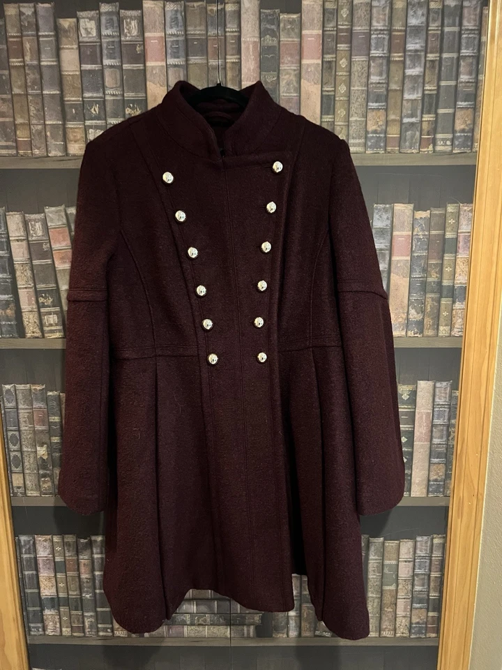 Guess Y2K Belted Pea Coat Womens XL Maroon Burgundy Silver Buttons Dbl-breasted - Image 1 of 4