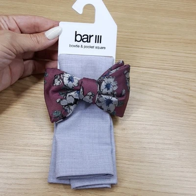 BAR III Mens Mauve Dusty Wine Floral Bow Tie + Gray Solid Pocket Square Set - Image 1 of 4