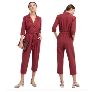 Amadi Anthro Trench Faux Wrap Cropped Jumpsuit Collared Wine MP Medium Petite - Picture 1 of 11