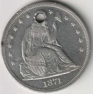 1871 SEATED LIBERTY SILVER DOLLAR AU DETAIL HOLED - Picture 1 of 2