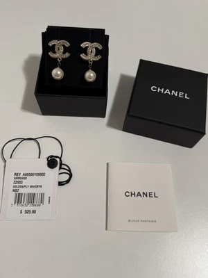 Chanel CC Logo Crystal Stud White Pearl Drop Dangle Earrings - Image 1 of 3