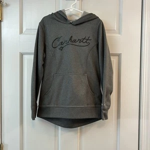Carhartt Girl's Logo Gray Sweatshirt Hooded Long-Sleeve Pocket Size 10 - Picture 1 of 6