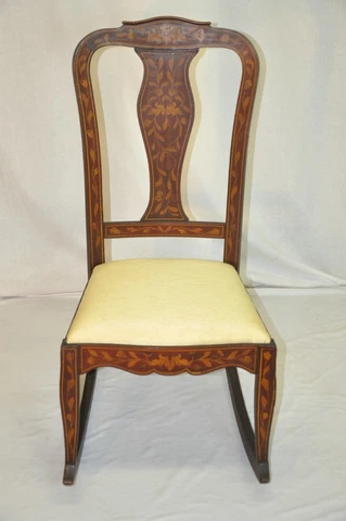 Beautiful Dutch Inlaid Marquetry Mahogany Rocking Chair, Original Finish Cover