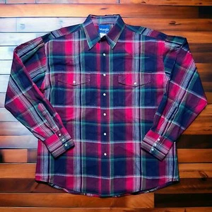 VINTAGE 90s Wrangler Plaid Western Pearl Snap Rodeo Shirt Cowboy Western Size L - Picture 1 of 8