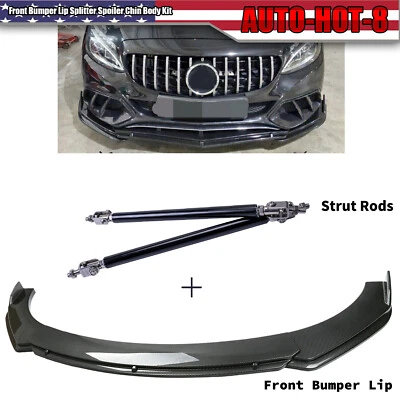 For Mercedes Benz C Front Bumper Lip Splitter Spoiler Carbon Fiber + Strut Rods - Image 1 of 4