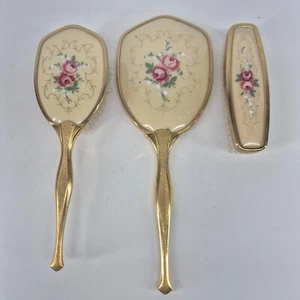 Vanity Dressing Table Set 3 piece VTG Hand Mirror Petit Embroidery Golden - Picture 1 of 7