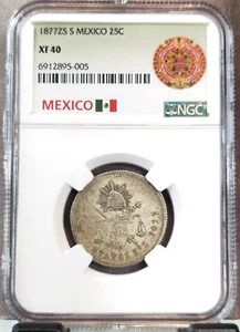 1877 Zs S MEXICO SILVER 25 CENTAVOS BALANCE SCALES NGC XF 40 SCARCE NICE COIN - Picture 1 of 3