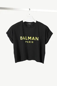 Balmain Black Cotton Cropped Lime-Logo-Print T-Shirt, Size L - Picture 1 of 9