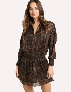 RAHMEN 97% Seide Minikleid Gr. XS Chiffon Paisley gefüttert tief metallic Moos Party - Bild 1 von 24