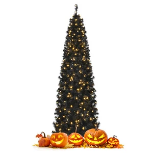 Costway 7' Pre-lit PVC Christmas Halloween Pencil Tree Black w/ 350 LED Lights - Picture 1 of 8