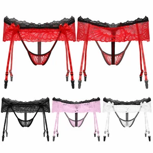 Men's Floral Lace Sissy Thong Panties Crossdress Jockstrap Garter Belt AU - Picture 1 of 37