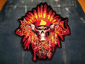 Fire Indian Chief Skull 13" Large Iron-On Embroidered Patch Jacket Back Big Red - Bild 1 von 4