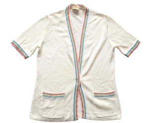 Vintage 70s Cardigan Short Sleeved Rainbow Trim Retro Indie Boho 10 - Picture 1 of 1