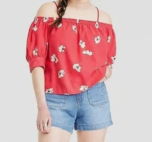 Universal Thread Floral Blouse Women's Small Off the Shoulder Cropped Shirt NWT - Picture 1 of 9