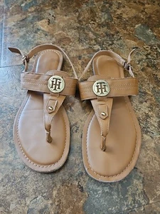 TOMMY HILFIGER ~ Brown Leather T-Strap Flat Sandals w Gold "TH" Logo Women 9M - Picture 1 of 10