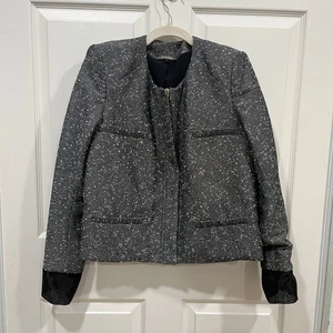 Chaqueta Blazer Zac Posen Mujer Talla 6 Tweed Negro Blanco Dorado Cremallera Frontal - Imagen 1 de 7