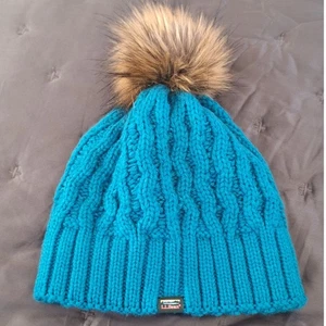 L.L. Bean Kid Beanie OS Teal Cable Knit Fleece Lined Pom Outdoor Winter Gorpcore - Picture 1 of 5