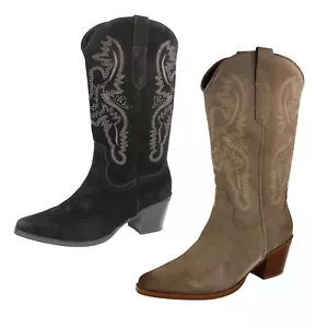 Stivali da cowboy da donna F5R1249 in pelle scamosciata con zip a pois £69,99 - Foto 1 di 21