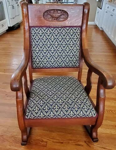 Oak Rocking Chair, decorative carving, upholstered, antique, living room Cover