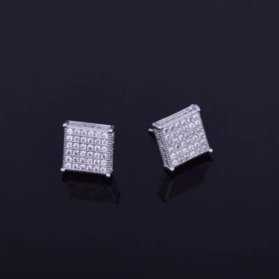 Mens Micro Pave Hip Hop Square Cut Bling 12mm 18k Gold Silver Plated Earrings - Image 1 of 4
