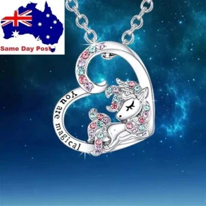 Unicorn Silver Pendant Necklace Chain Heart Jewellery Party Girl Kids Gift - Picture 1 of 6