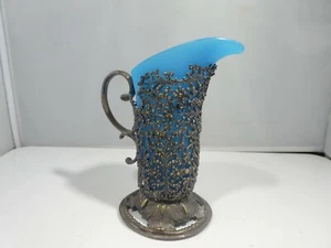ANTIQUE STERLING SILVER  & BLUE OPALINE GLASS PITCHER 63.7 DWT - Picture 1 of 6