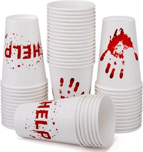 50Pcs Halloween Scary Red Blood Hand Printed Paper Cups , 12oz Disposable Bloody - Picture 1 of 6