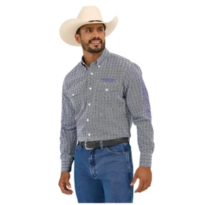 112365838 Wrangler Men's Logo Long Sleeve Buttondown Shirt Navy/Orchid Print NEW - Picture 1 of 8