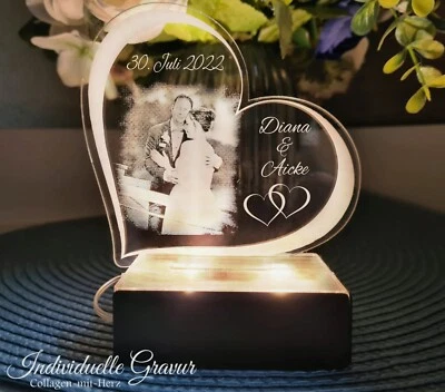Aufsteller Herz mit LED Beleuchtung + Fotogravur / Textgravur Geschenk Hochzeit