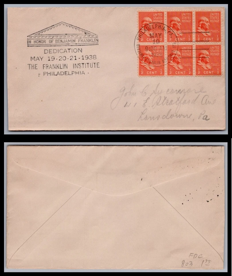 US FDC # 803 1/2c Benjamin Franklin  Franklin block of 6  1938, 0a1544 - Image 1 of 1