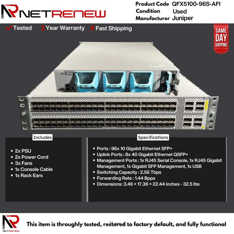 Juniper QFX5100-96S-AFI  8xQFSP+  96x SFP+ 10G Ethernet Switch - Image 1 of 1