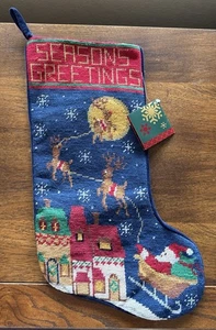 Needlepoint Embroidery Christmas Stocking Santa With Reindeer Season Greeting - Picture 1 of 8