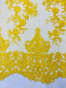 Mia's Fabrics Yellow Floral Damask Design Embroidered on Mesh Lace Fabric - Picture 1 of 5