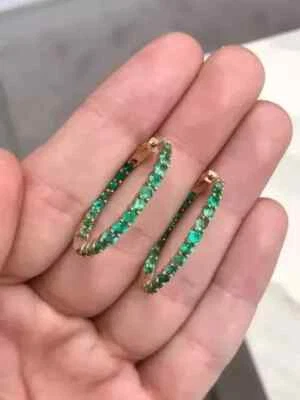 2Ct Round Lab-Created Green Emerald Diamond Hoop Earrings 14K Yellow Gold Plated - Image 1 of 4