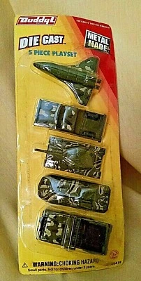 BUDDY L ARMY VEHICLE SET 5 NEW ON CARD DIE CAST PLASTIC 46419 SHUTTLE TANK JEEP. - Image 1 of 4