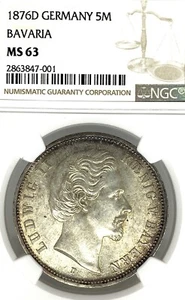 German States Bavaria 1876 5 Mark Coin Thaler Taler NGC MS 63 F.STG/STG UNC RARE - Picture 1 of 3