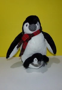 Pier 1 One Imports 15" Plaid Scarf Penguin with 6" Baby Plush In Mommy's Pouch - Picture 1 of 4